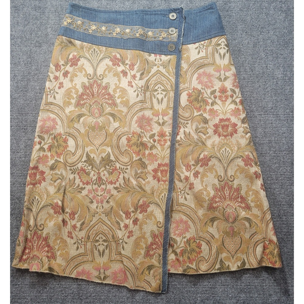 Bets by Canvasbacks Tapestry Floral Wrap Skirt Denim Waist Embroidered Size 8